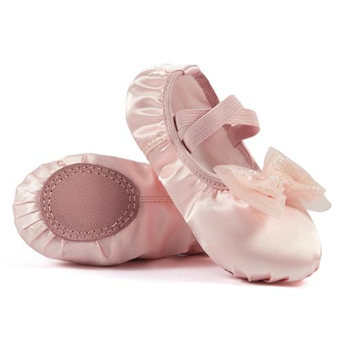 DAYKET Zapatos de Ballet para Niñas, Zapatos de Baile de Satén con un Bonito Lazo, Zapatos de Princesa con Suela Dividida para Niños Pequeños,Pink-23EU