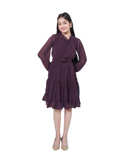 Image of Pspeaches Girl's V-Neck Long Sleeves Chiffon Fit & Flare Dress Purple Color Casual Stylish Wear