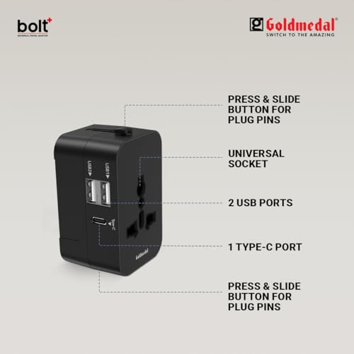 Image of Goldmedal Bolt + Universal Travel Adaptor | 2 Type A & 1 Type C USB Ports for Quick Charging | Supports Variety of Plug Types| Perfect for International Travel - Black | Supports Variety of Plug Types| Perfect for International Travel - Black