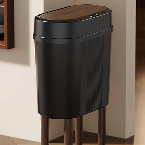 Image of House of Quirk 12L Trash Can with Lid & 4-Leg Stand | Slim Modern Plastic Dustbin for Bathroom, Kitchen & Bedroom | Durable Oval Waste Bin (Grain Black)