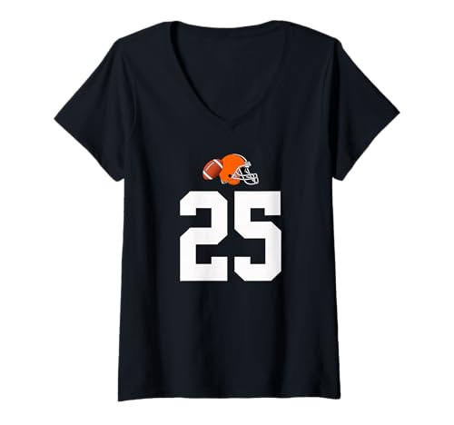 Damen American Football Helm Style Vintage Nummer 25 T-Shirt mit V-Ausschnitt
