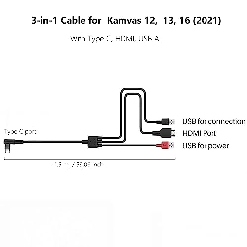 Spaseeba Cabo 3 em 1 CB05A para tablet de desenho gráfico Kamvas 12 Kamvas 13 Kamvas 16 (2021) com H