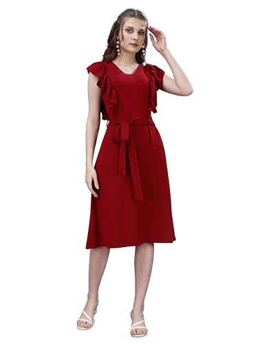Image of Women's Striped Front Ruffle Trim Belted A-Line Midi Dress Maroon