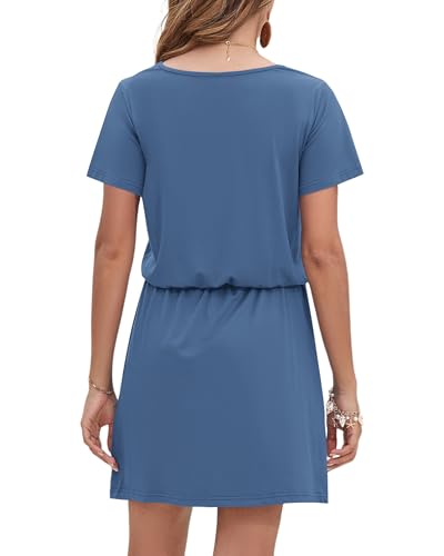 Image of AUSELILY Womens Summer Dresses 2026 Causal Short Sleeve V Neck Tie Front Mini Short Dress with Pockets