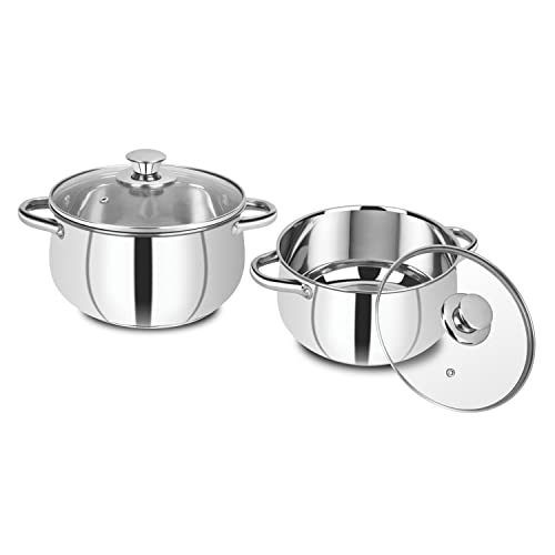 Image of Bergner Acier Stainless Steel Set of 2 Cook and Serve Casserole with 2 Glass Lids, 4 pcs, 2 Casseroles 16cm with 2 Glass Lids, Induction Bottom, Gas Ready, Silver