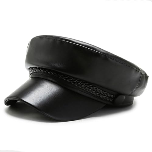 Damen Fiddler Cap Newsboy Hut PU Leder Visier Baskenmütze Fischer-Stil Fiddler Cabbie Cap Paperboy Captain Hat Schwarz, Schwarz , 1