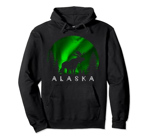 Alaska Moose Aurora Borealis Alaskan Landscape Scene Pullover Hoodie -  Alaska Day Moose Silhouette Shirts & Gifts, EZA5WY44X0B