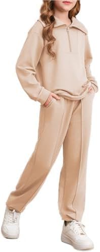 Image of Girls Fall Outfits Quarter Zip Pullover Jogger Sweatsuit Sets Size 6-15