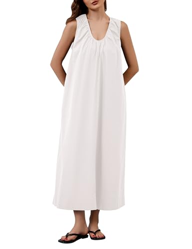 Image of Livtany Women's Scoop Neck Ruched Maxi Dress Flowy Swing Wide Straps Long Dress Casual Sleeveless Sundress with Side Pockets