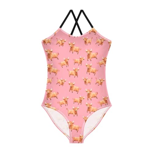 senya Girls Swimsuits One-Piece Swimwear Tie Bathing Suit Beach Summer Round Neck 9-10T Flying Highland Cattle Pattern