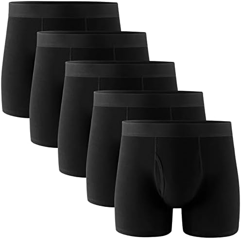 POPKOK Mens Underwear Cotton Boxer Briefs with Fly 5 Pack(Medium, Black)