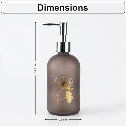 Image of Luxe Home International Flower Print Glass Soap Dispenser for Bathroom and Kitchen Sink Leak Proof Liquid Hand Wash Round Bottle Lightweight Smooth Finish (19.5x7.5 cm Brown) Pack of 1