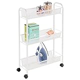 mDesign Portable Rolling Laundry Utility Cart Organizer Trolley with Easy-Glide Wheels and 3 Multipurpose Heavy-Duty Metal Mesh Basket Shelves - Narrow Shelf - Durable Steel Frame - White