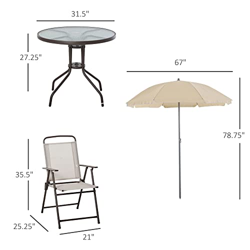 Outsunny 6 Piece Patio Dining Set For 4 With Umbrella, Outdoor Table And Chairs With 4 Folding Dining Chairs & Round Glass Table For Garden, Backyard And Poolside, Beige #TOP2