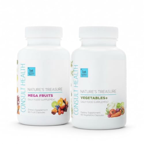 Consult Health Nature's Treasure, 60 Mega Fruit and 60 Veggie Capsules,100% Whole Natural Green and Red Superfood Plant Based Nutrition, Supports Energy Levels, Grown and Made in the USA - (2Pack)