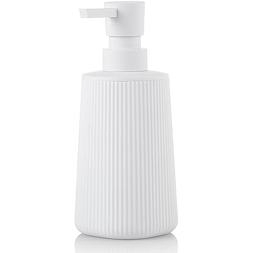 Small Soap Dispenser for Bathroom and Kitchen, Modern Farmhouse Striped Style Plastic Hand Soap Dish Soap Dispenser with Pump Matte White