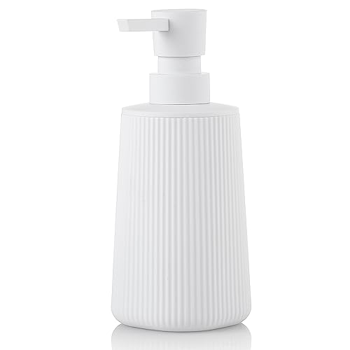 Image of Small Soap Dispenser for Bathroom and Kitchen, Modern Farmhouse Striped Style Plastic Hand Soap Dish Soap Dispenser with Pump Matte White