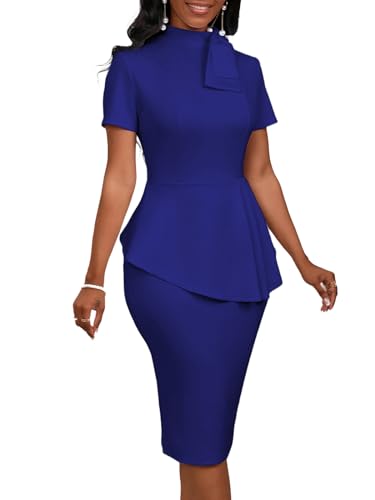 Image of WanMem Women Formal Bodycon Peplum Cocktail Dress Short Sleeve Bow Ruffle Pencil Party Midi Dresses