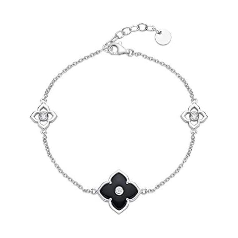 Lavari Jewelers Black Onyx and Cubic Zirconia Flower Bracelet for Women in 925 Sterling Silver with Rhodium Plating 7 to 8 Inches Adjustable Lobster Claw Cover