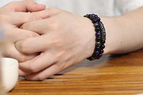 2Pcs Triple Protection Bracelet,Natural Tigers Eye Black Obsidian And Hematite 8 Mm Beads Bracelet For Men Women Gift, Healing Crystal Bracelet Bring Luck And Prosperity And Happiness (Purple) #TOP6