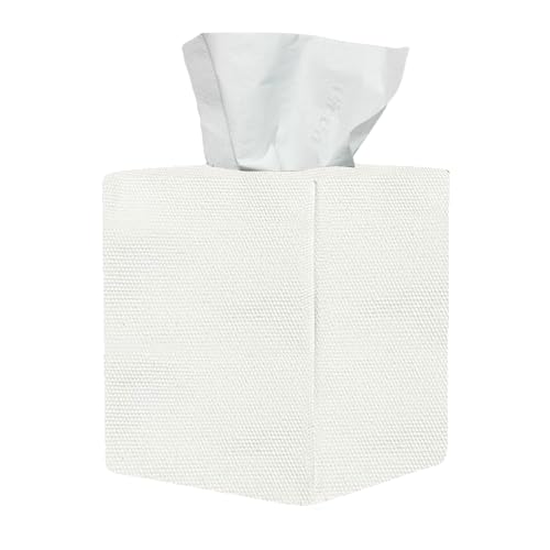 Tissue Box Cover Cute White Linen Fabric Decorative Square Tissue Box Holder/Organizer for Bathroom Vanity Countertop/Office/Nightstand/Desk