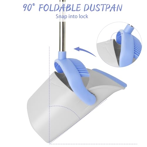 Image of Broom and Dustpan Combo Set, Long Handle and Standing Dust Pan with Comb Teeth, Efficient Floor Cleaning for Kitchen, Outdoor, Dorm, Apartment, Office Lobby (Gray Blue)