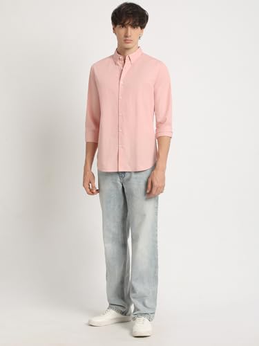 Image of The Bear House Men's Pink Solid Slim Fit Cotton Casual Shirt