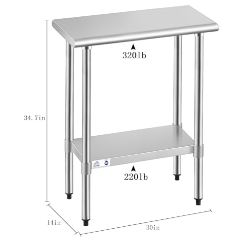 Image of ROCKPOINT Stainless Steel Table for Prep & Work 14x30 Inches, NSF Metal Commercial Kitchen Heavy Duty Table with Adjustable Under Shelf and Table Foot for Restaurant, Home and Hotel