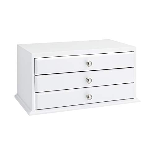 Amazon Basics Wooden Jewelry/Watch Box with Solid Top - 3-Drawer, White