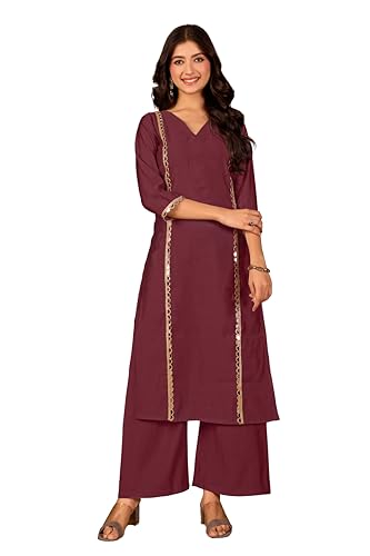 Image of Women Straight-Cut Kurta Pant Set with Subtle Golden Lace Embellishment | Elegant Ethnic Wear for Festive, Office & Casual Use