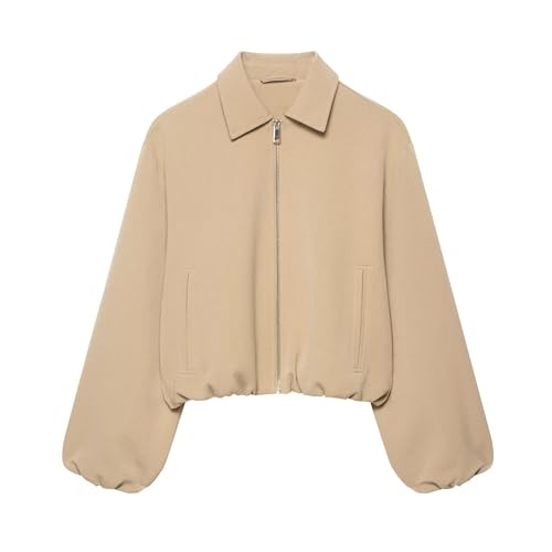 Xunger Women’s Cropped Bomber Jacket Puffed Sleeves Zip Up Trendy Casual Streetwear Outerwear with Pockets