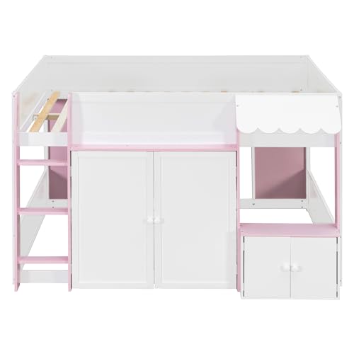 Image of Full House Loft Bed with Playhouse & Storage, Modern Wood Cabin Bed for Kids /Teens (White+Pink)