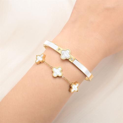 Clover Bracelet Set for Women – 18K Gold Plated Four Leaf Clover Bangle and Lucky Clover Bracelet Set - Lucky Clover Black/White Jewelry for Women3