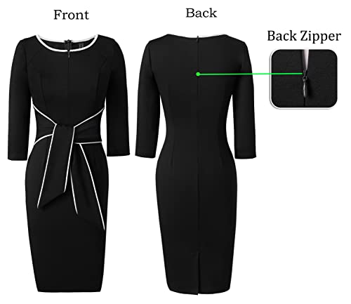 Image of VFSHOW Womens Front Zipper Tie Waist Bow 3 /4 Sleeve Slim Fitted Work Business Office Party Bodycon Pencil Sheath Dress