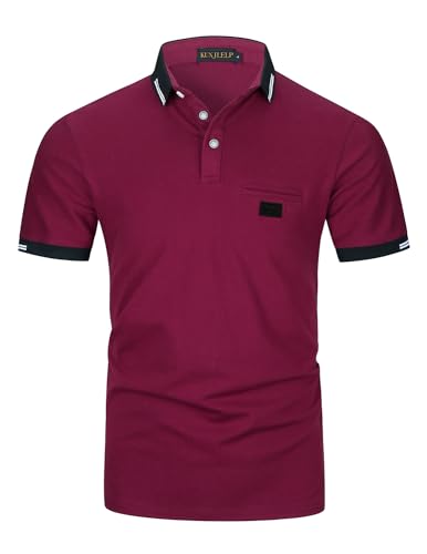 KUNJLELP Hombres Polo con Bolsillo Camiseta Manga Corta Chic Cuello a Cuadros Camisa de Trabajo Uniformes,B-Rojo 1,XL