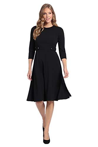 London Times Women's Crepe Fit and Flare Midi with Waist Button Detail2
