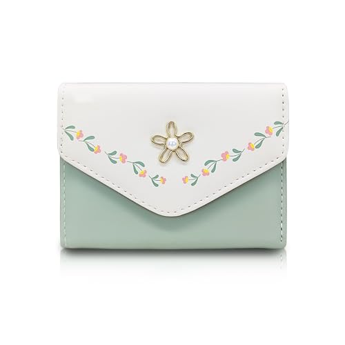 Small Wallet for Woman, Flowers Print Cute Leather Wallet Fashion Bifold Wallet with ID Window and Card Slots (Green)