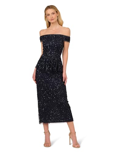 Adrianna Adrianna Papell Women's Bead Mesh Peplum Dress, Navy, 10