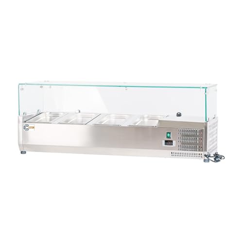 Cleiton® Vitrina de Ingredientes Refrigerada 120x39x44 cm de Acero Inoxidable 4 Cubetas GN 1/3 | Nevera de Ingredientes con Termostato Digital Dixell | Mostrador Vitrina refrigeradora