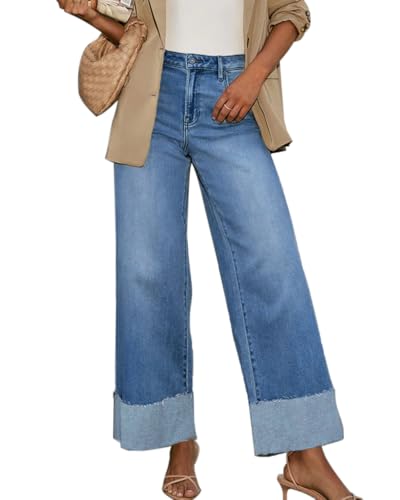 Women's High Waisted Wide Leg Jeans Stretch Frayed Raw Hem Straight Leg Boyfriend Cuffed Jeans Trendy 20252
