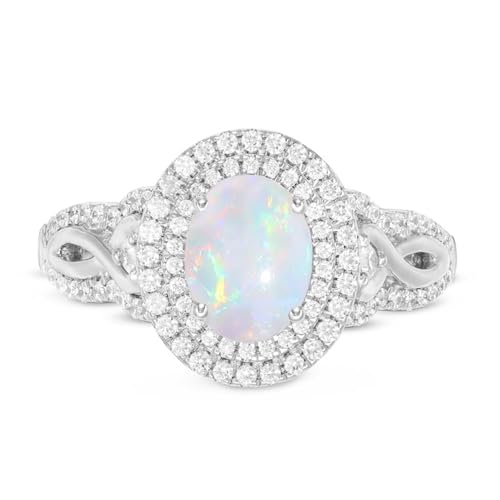 1.5 Carats Opal Rings for Women,925 Sterling Silver Dainty Opal Promise Ring for Her Double Frame Split Shank Opal Birthstone Ring Birthday Jewelry2