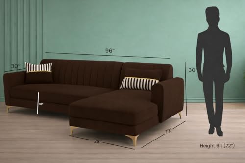 Image of Adorn India Premium Luster 8 Seater L Shape Sofa Set with 2 Puffy & 1 Center Table | Velvet Suede Fabric | 3-Year Warranty | RHS | Brown with Golden Legs & Striped Pattern Cushion