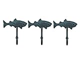 Nautical Decorative Cast Iron Fish Key Towel Coat Hook Hanger Wall Decor Hangers for Aprons, Hats, Towels (Set of 3 Blue)