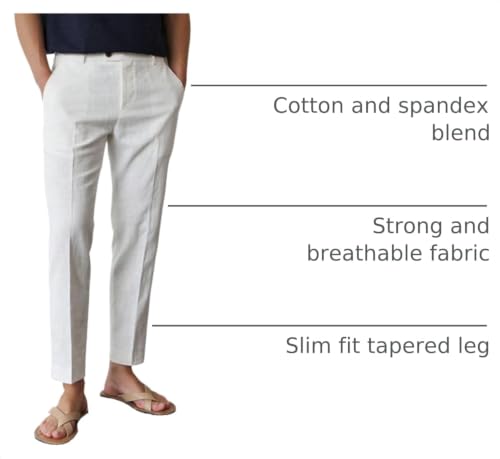 Image of GINGTTO Linen Pants Men Slim Fit Tapered Leg Elastic Waist Casual Summer | 28 /30inch, Cropped, Old Money, Lightweight, Stretch, 4-Season,
