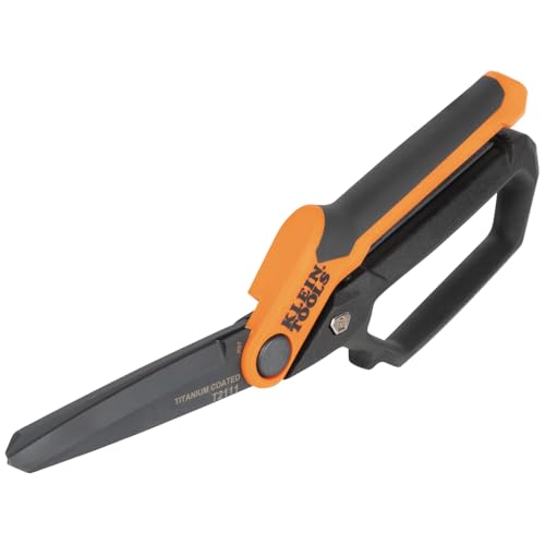 Image of Klein Tools T2111 Titanium-Coated Professional Scissors, High Leverage Stainless Steel Shears, Serrated Blades, Cuts Heavy Duty Material, 10-Inch