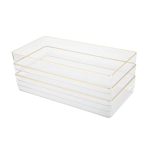 Image of Martha Stewart Kerry Plastic Stackable Office Desk Drawer Organizers, 12 inch x 6 inch, 3 Pack, with Gold Trim