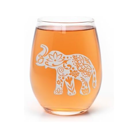 Elephant With Lotus Stemless Wine Glass - Elephant Gift, Zen Gift, Yoga Gift, Lotus Glass, Mandala Glass Cover