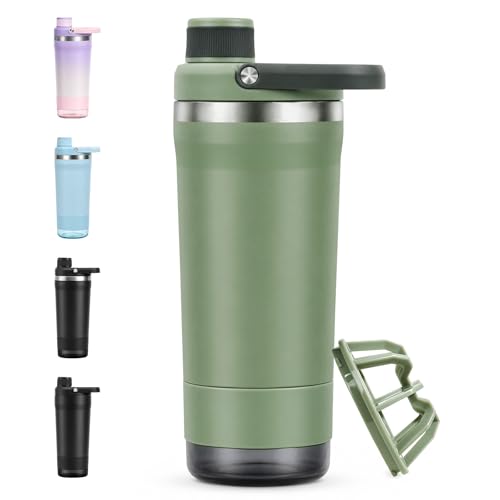 Shaker Acero Inoxidable 700ml, Vaso Mezclador Proteinas con Compartimento Polvo, Aislamiento Doble Pared, Mezclas Perfectas Sin Grumos, Cierre Anti-Fugas, Ideal para Gimnasio, BPA Free，Verde Salvia