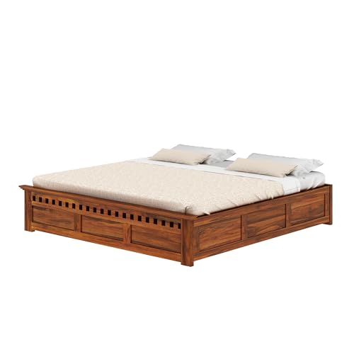 Image of Ganpati Arts Armania Solid Sheesham Wood Queen Size Bed with Box Storage Without Headboard Wooden Double Bed Cot Palang Furniture for Bedroom Living Room Home (Natural Finish)