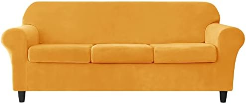 HENBULA Stretch Sofa Slipcovers, Thick Velvet Sofa Covers for 3 Cushion Couch Soft Couch Cover Furniture Protector for Kids Pets (Large, Gold)